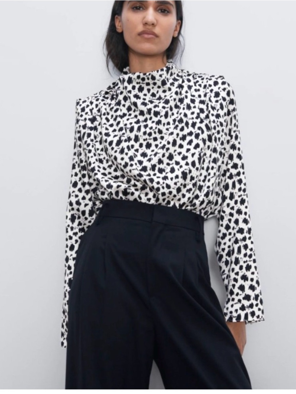 Zara Black and White Leopard-Spot High Neck Blouse
